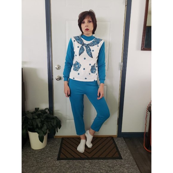 80s Deadstock Teal and White Sweatsuit - Picture 1 of 4